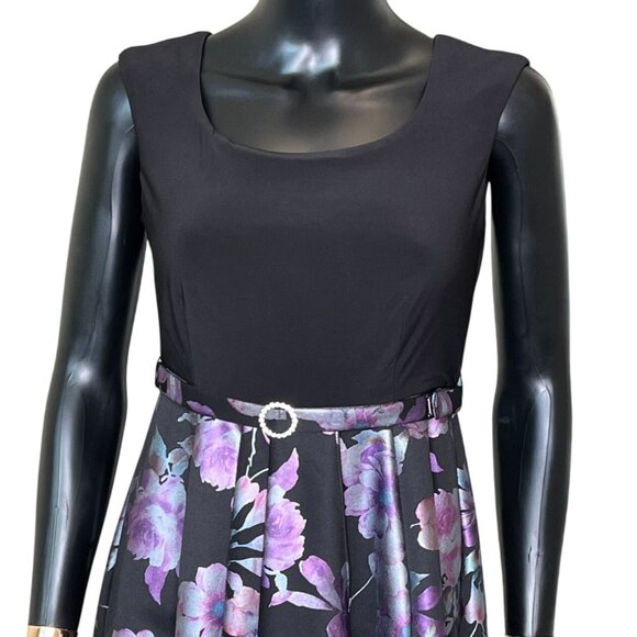 R&M Richards Petite 4 Black Purple Floral Fit & Flare Belted Holiday Party Dress - Picture 5 of 12